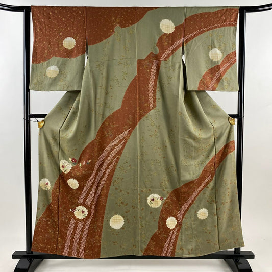 【庫存清倉】訪問服 身長157cm 袖長61.5cm S 雙層 雪輪 草花紋刺繡 絞染 灰綠 純蠶絲 優品級