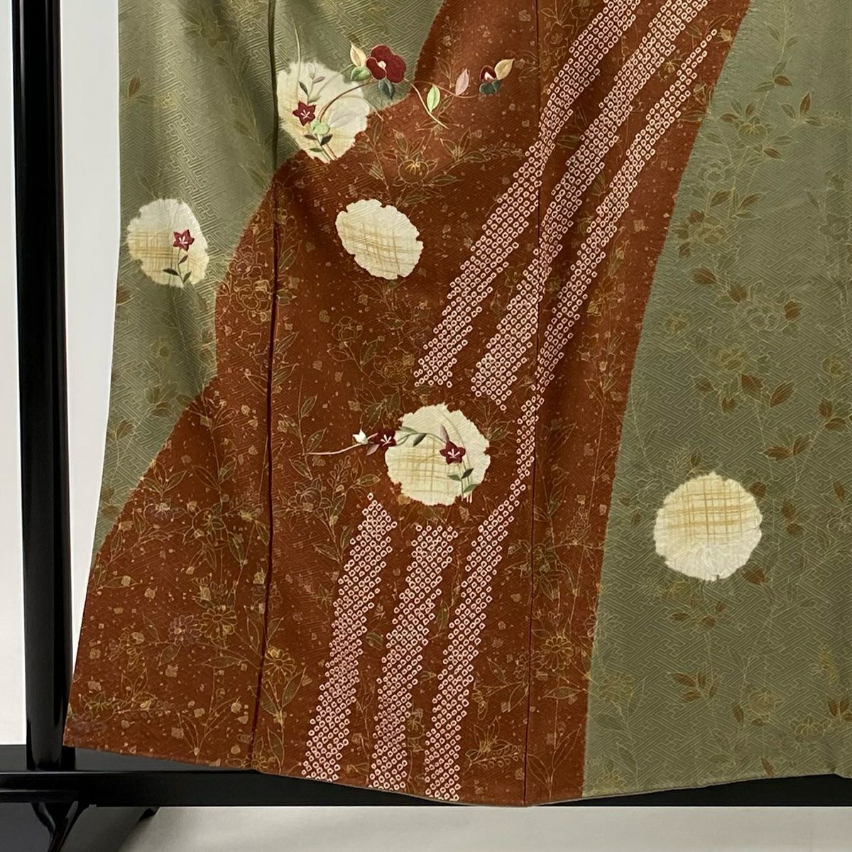 【庫存清倉】訪問服 身長157cm 袖長61.5cm S 雙層 雪輪 草花紋刺繡 絞染 灰綠 純蠶絲 優品級