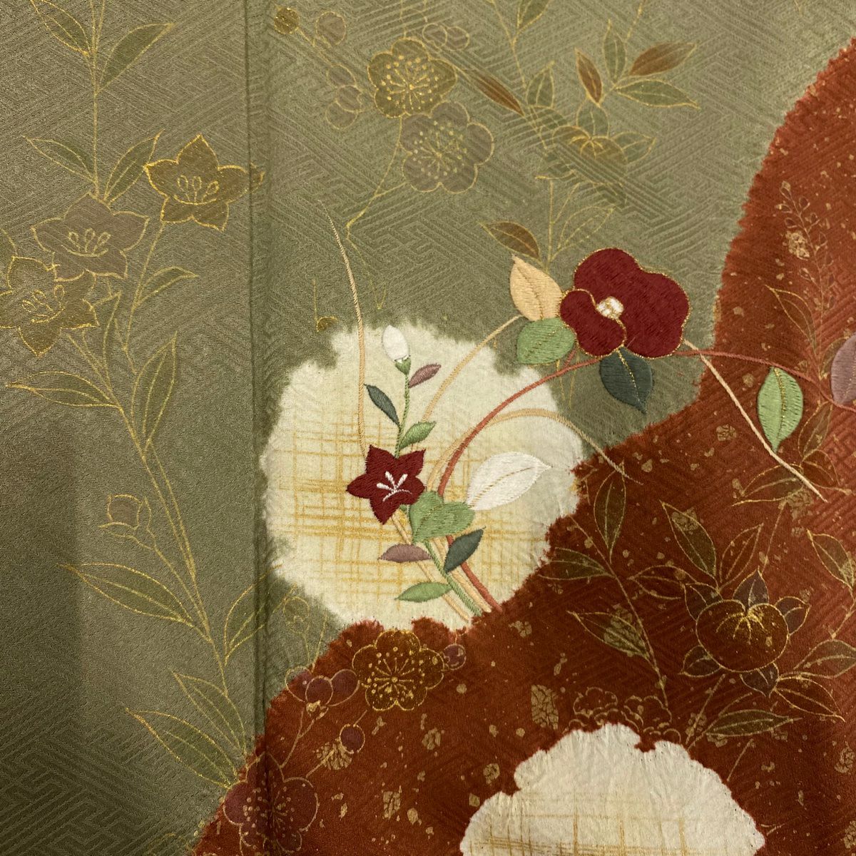 【庫存清倉】訪問服 身長157cm 袖長61.5cm S 雙層 雪輪 草花紋刺繡 絞染 灰綠 純蠶絲 優品級