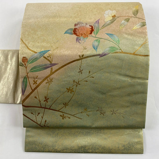 【庫存清倉】 名古屋帶 美品 優品級 枝花 金銀彩 金 純蠶絲