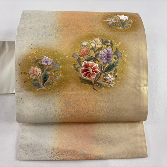 【庫存清倉】 名古屋帶 優品級 草花紋刺繡 金銀彩 金 純蠶絲