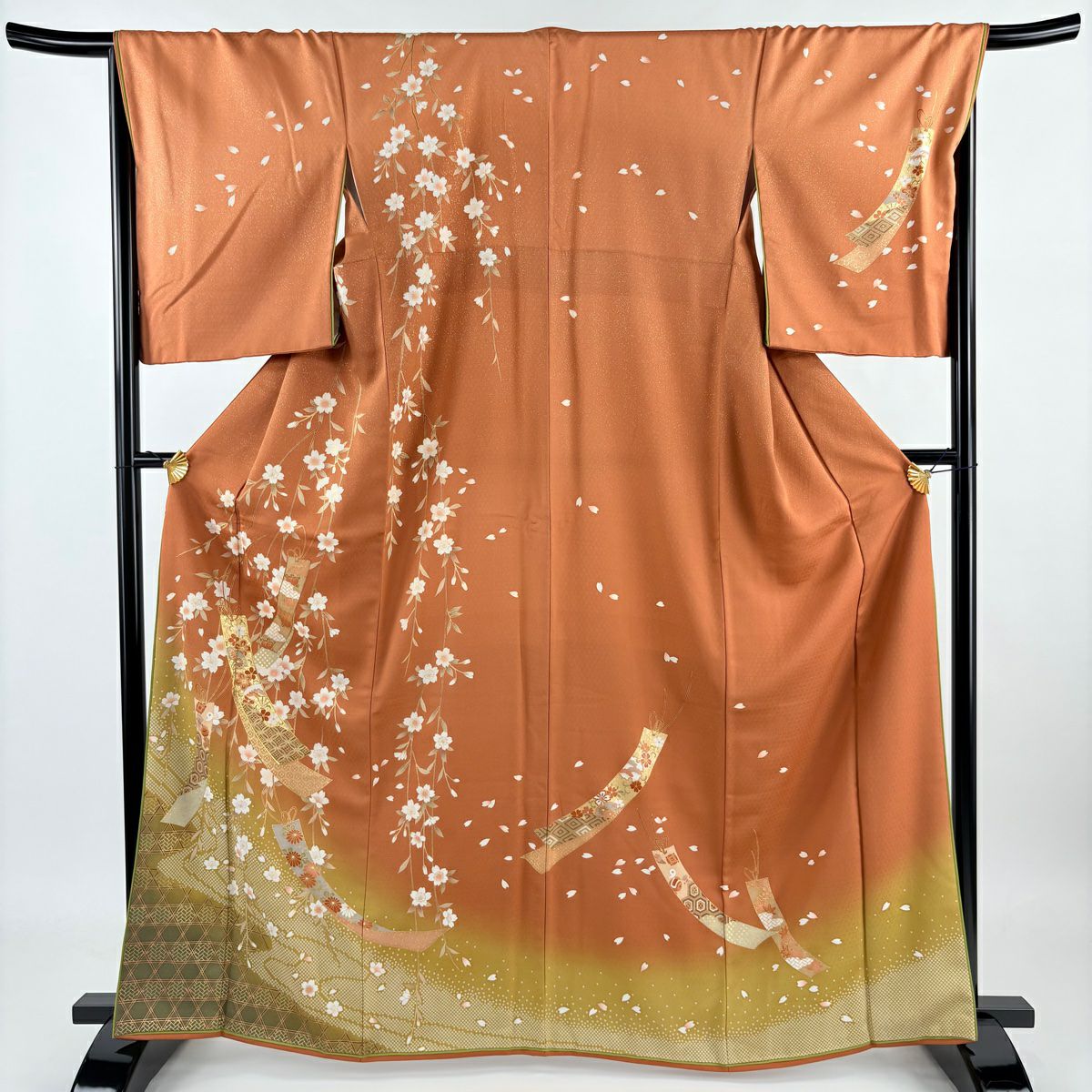 【庫存清倉】訪問服 身長165cm 袖長68.5cm L 雙層 大和 短冊 枝垂櫻 金絲 金銀彩 橙色 純蠶絲 名品級