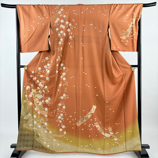 【庫存清倉】訪問服 身長165cm 袖長68.5cm L 雙層 大和 短冊 枝垂櫻 金絲 金銀彩 橙色 純蠶絲 名品級