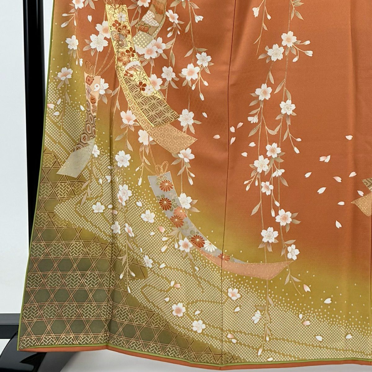 【庫存清倉】訪問服 身長165cm 袖長68.5cm L 雙層 大和 短冊 枝垂櫻 金絲 金銀彩 橙色 純蠶絲 名品級