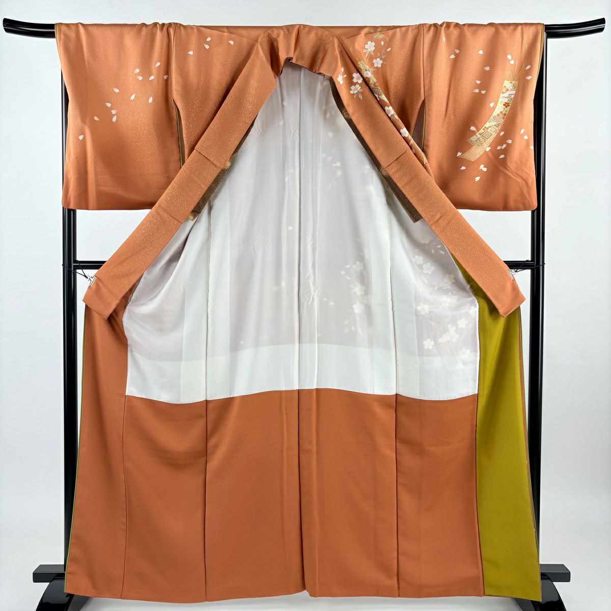 【庫存清倉】訪問服 身長165cm 袖長68.5cm L 雙層 大和 短冊 枝垂櫻 金絲 金銀彩 橙色 純蠶絲 名品級