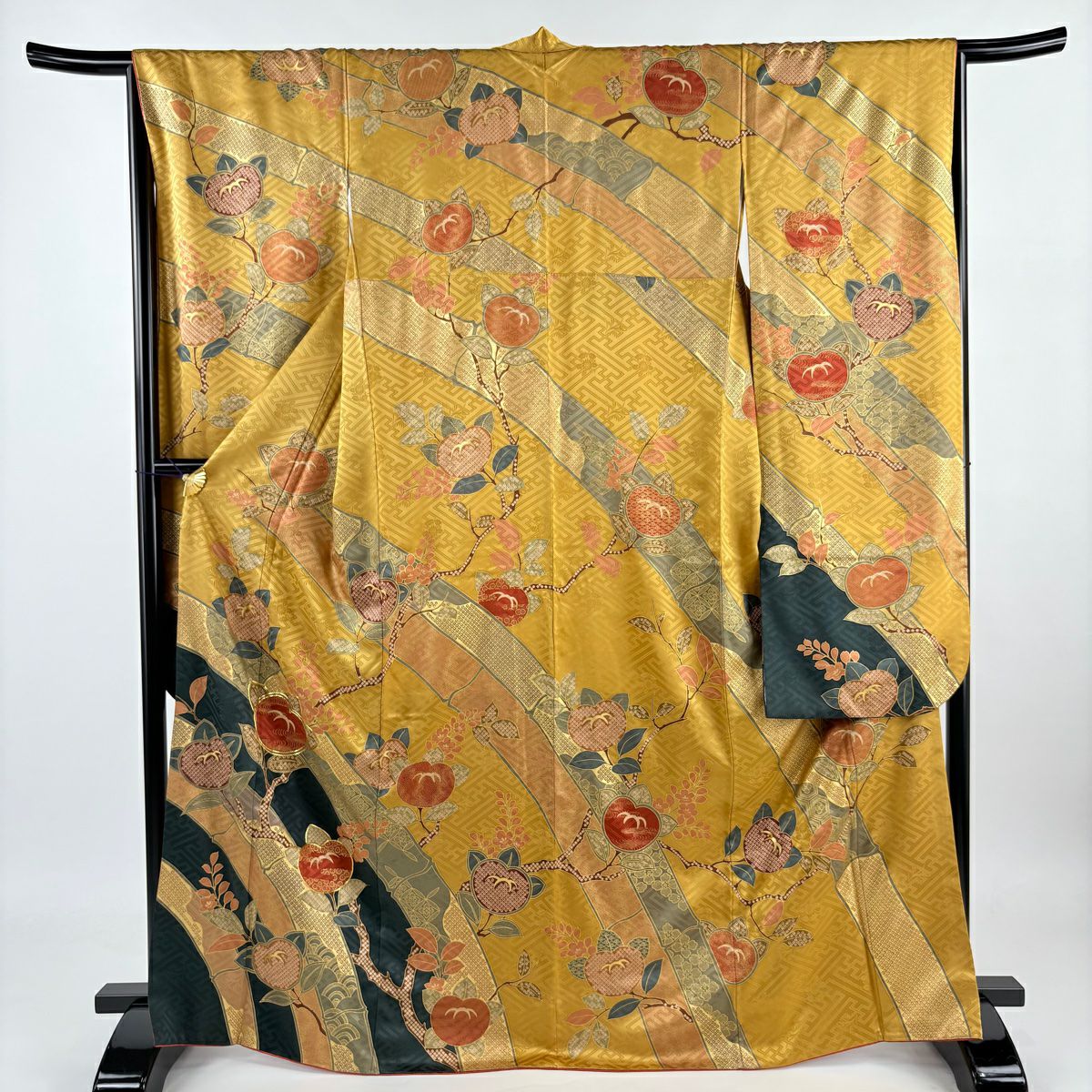 【庫存清倉】振袖禮服 身長168cm 袖長66.5cm M 雙層 橘色 竹子子 金線 金銀彩 黃土色 純蠶絲 名品級