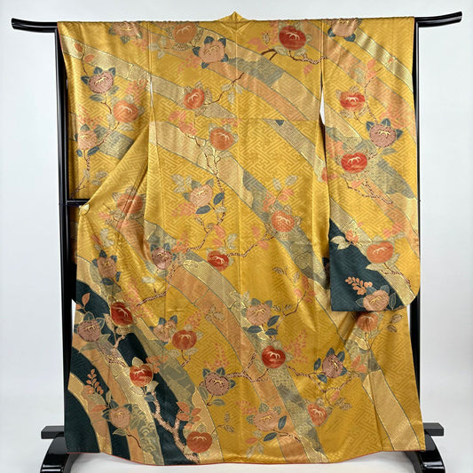 【庫存清倉】振袖禮服 身長168cm 袖長66.5cm M 雙層 橘色 竹子子 金線 金銀彩 黃土色 純蠶絲 名品級