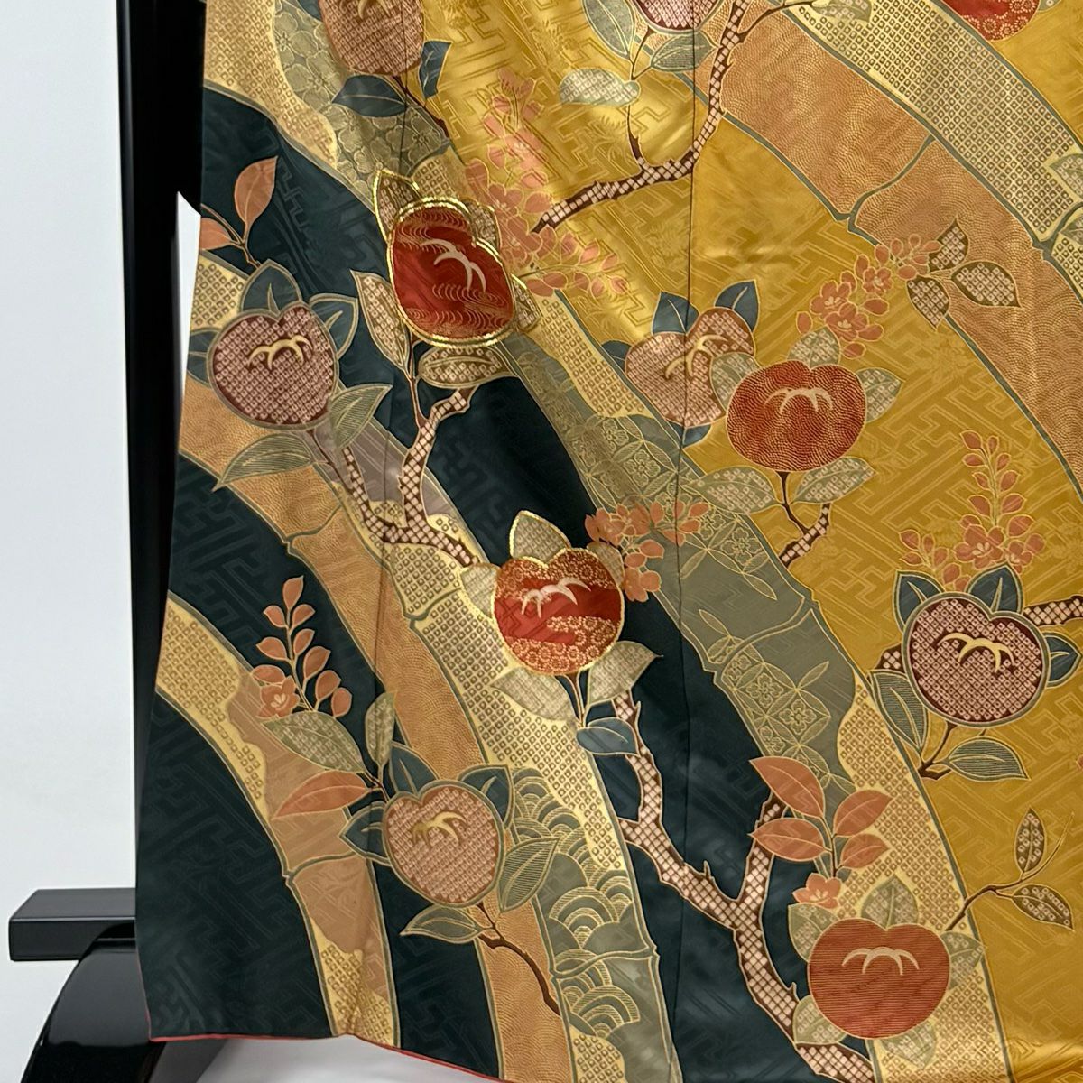 【庫存清倉】振袖禮服 身長168cm 袖長66.5cm M 雙層 橘色 竹子子 金線 金銀彩 黃土色 純蠶絲 名品級