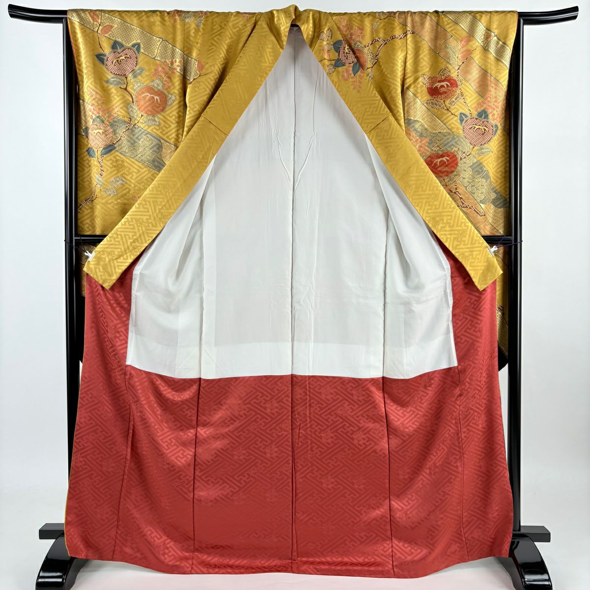 【庫存清倉】振袖禮服 身長168cm 袖長66.5cm M 雙層 橘色 竹子子 金線 金銀彩 黃土色 純蠶絲 名品級