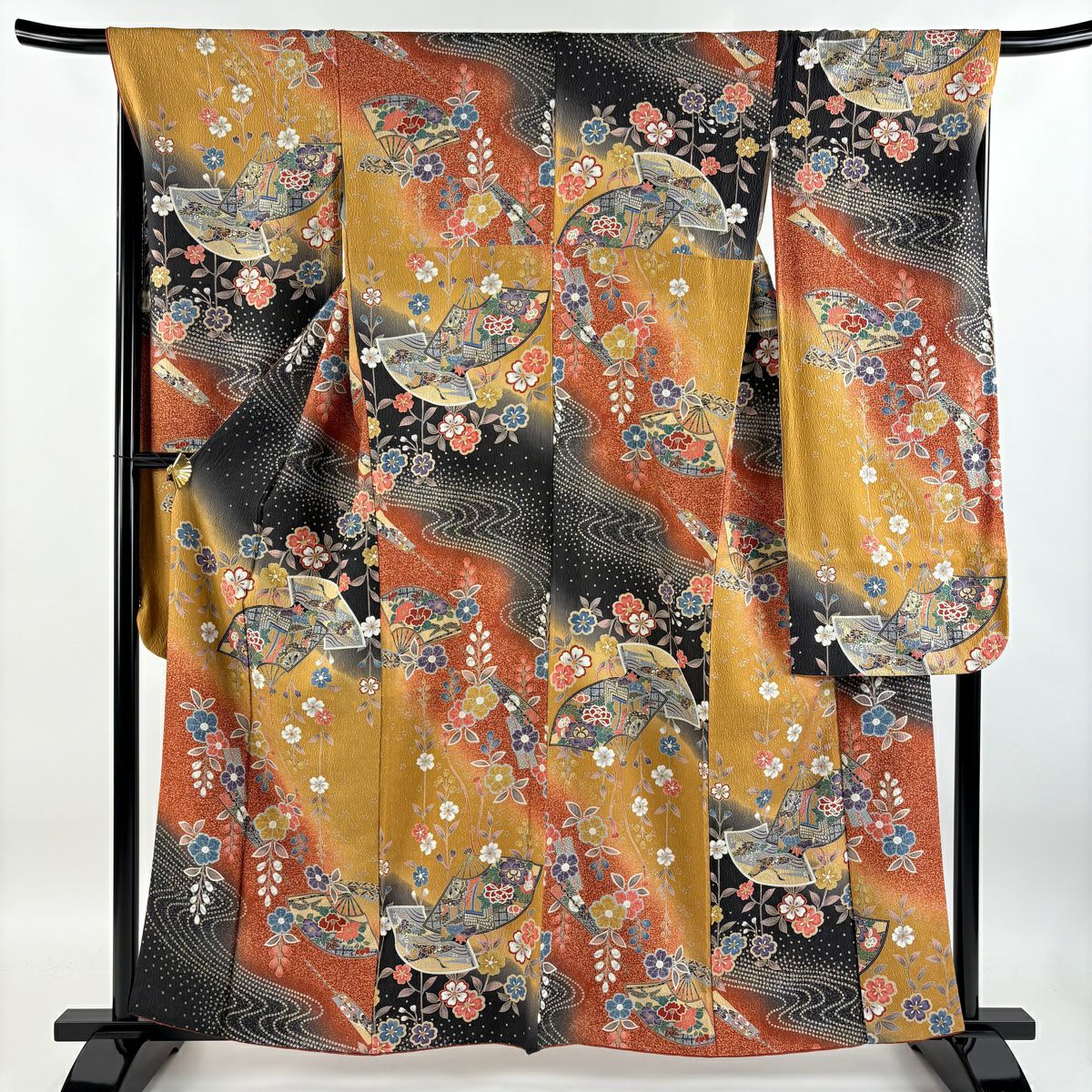 【庫存清倉】振袖禮服 身長159.5cm 袖長67.5cm L 雙層 扇子子 櫻花 金銀彩 染分 山吹茶 純蠶絲 名品級