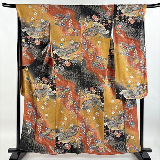 【庫存清倉】振袖禮服 身長159.5cm 袖長67.5cm L 雙層 扇子子 櫻花 金銀彩 染分 山吹茶 純蠶絲 名品級