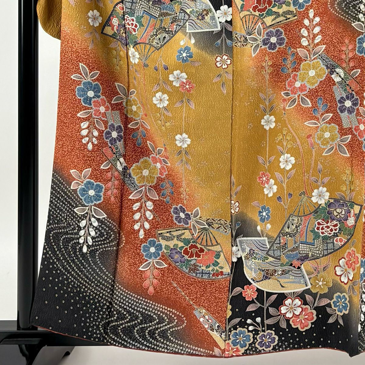 【庫存清倉】振袖禮服 身長159.5cm 袖長67.5cm L 雙層 扇子子 櫻花 金銀彩 染分 山吹茶 純蠶絲 名品級