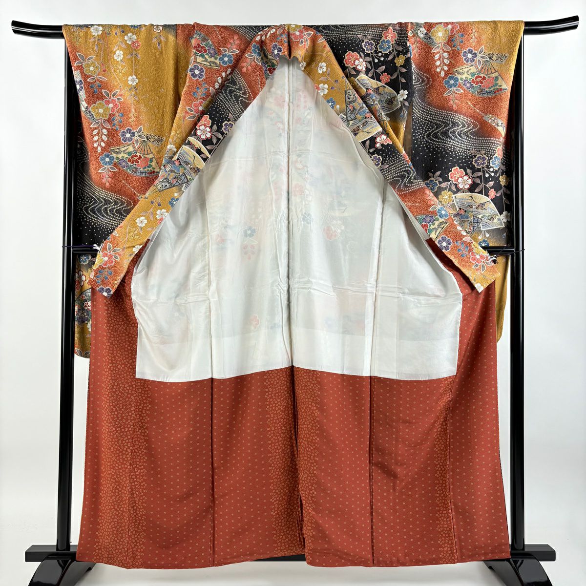 【庫存清倉】振袖禮服 身長159.5cm 袖長67.5cm L 雙層 扇子子 櫻花 金銀彩 染分 山吹茶 純蠶絲 名品級