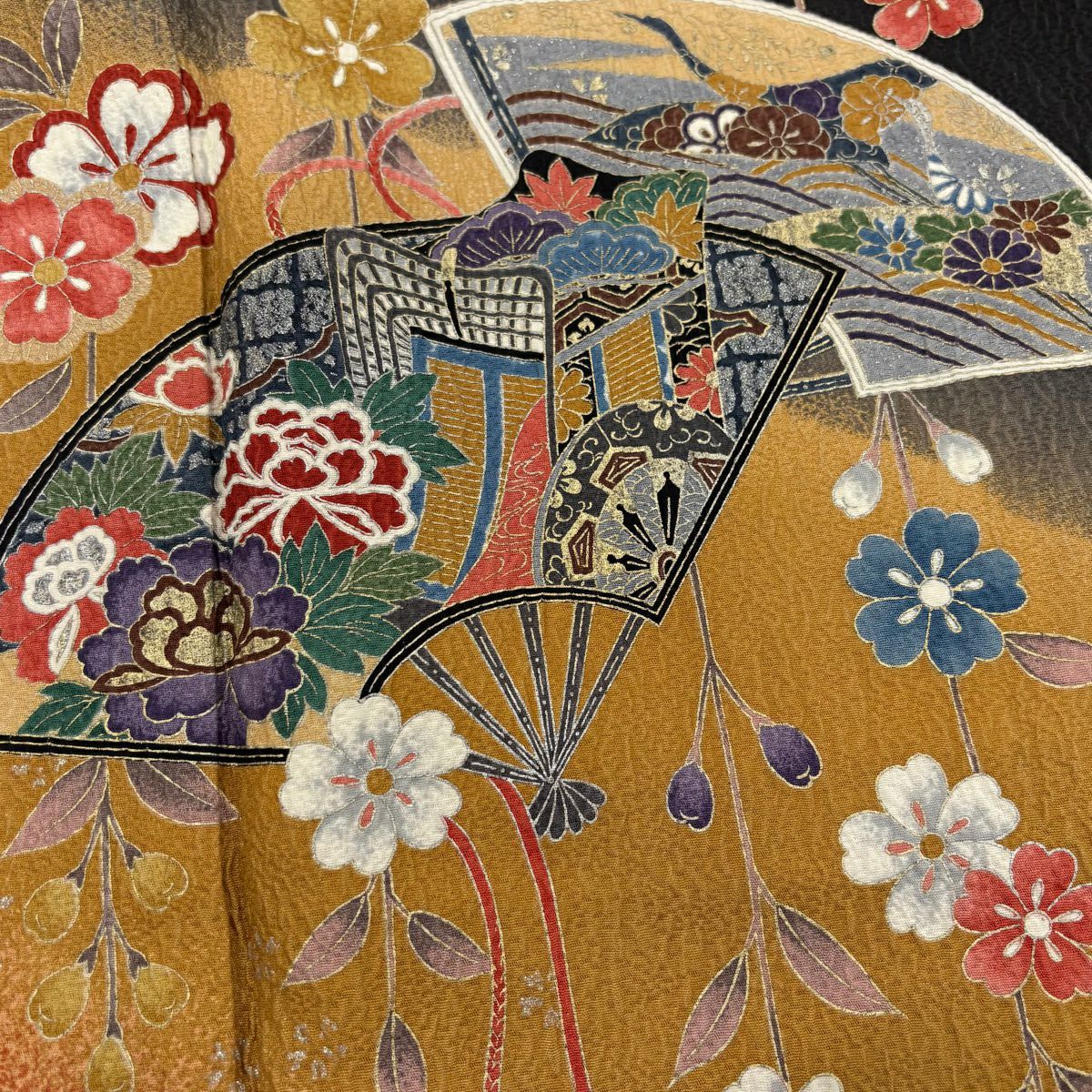 【庫存清倉】振袖禮服 身長159.5cm 袖長67.5cm L 雙層 扇子子 櫻花 金銀彩 染分 山吹茶 純蠶絲 名品級