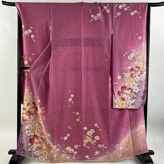 【庫存清倉】振袖禮服 身長164cm 袖長66.5cm M 雙層 櫻花花瓣 金彩裝飾 染分 粉紅 純蠶絲 名品級