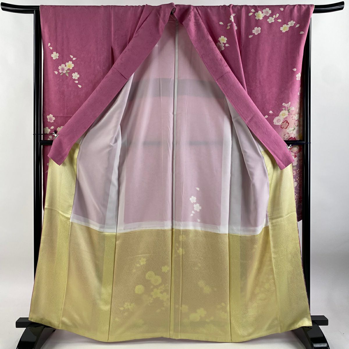 【庫存清倉】振袖禮服 身長164cm 袖長66.5cm M 雙層 櫻花花瓣 金彩裝飾 染分 粉紅 純蠶絲 名品級