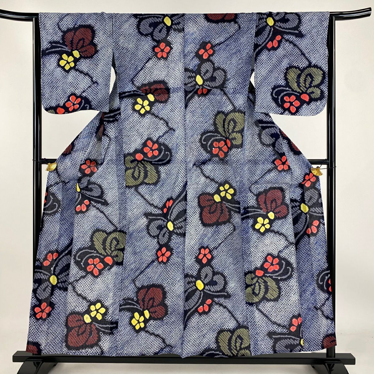 【庫存清倉】 浴衣 身長155.5cm 袖長64cm M 絞染浴衣 蝶 草花紋 深藍 純棉 名品級