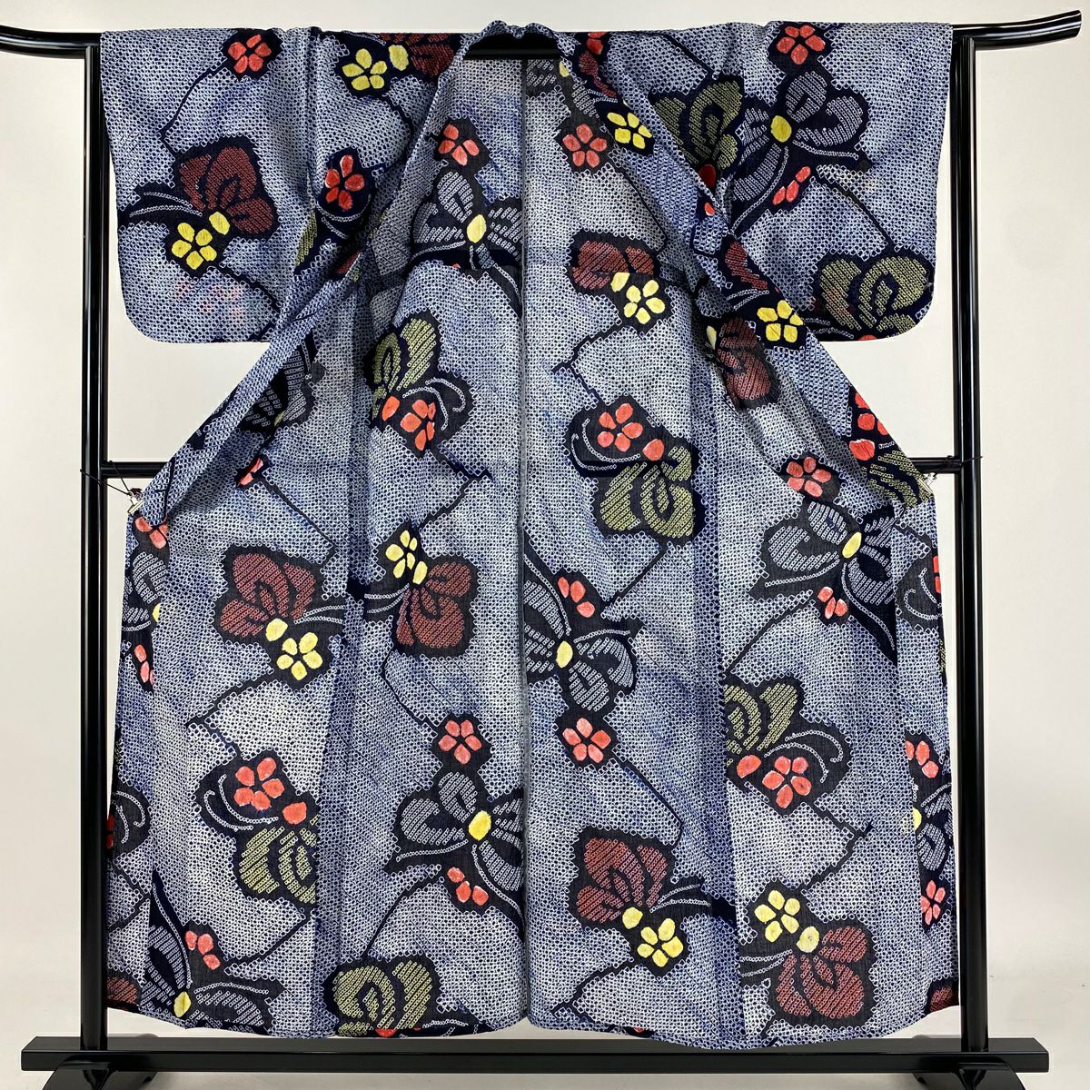 【庫存清倉】 浴衣 身長155.5cm 袖長64cm M 絞染浴衣 蝶 草花紋 深藍 純棉 名品級