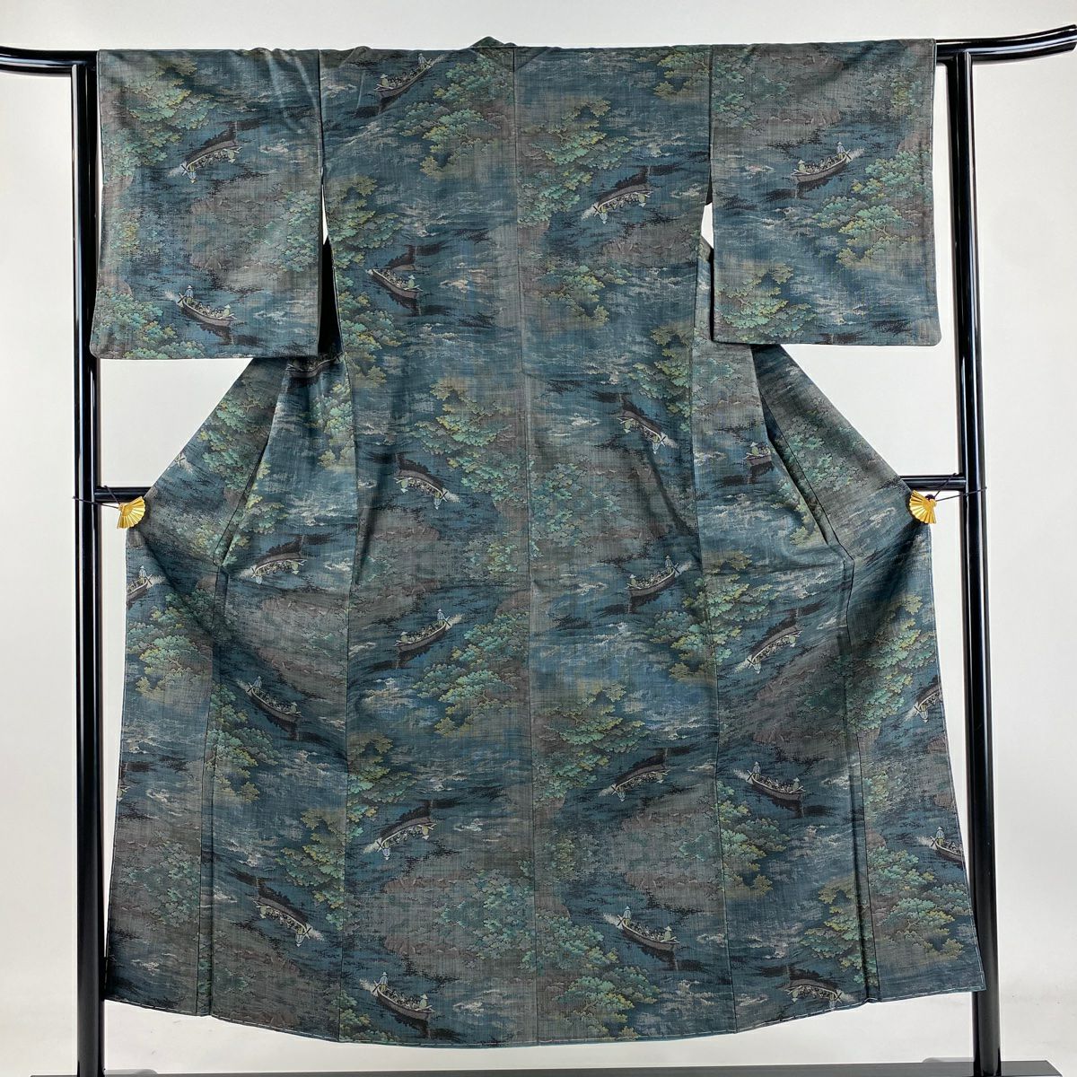 【庫存清倉】 紬織 身長152cm 袖長63cm S 雙層 樹木 舟 深綠 純蠶絲 美品 名品級