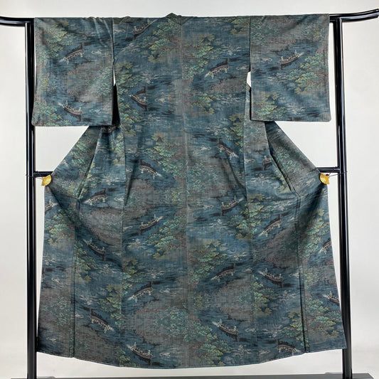 【庫存清倉】 紬織 身長152cm 袖長63cm S 雙層 樹木 舟 深綠 純蠶絲 美品 名品級