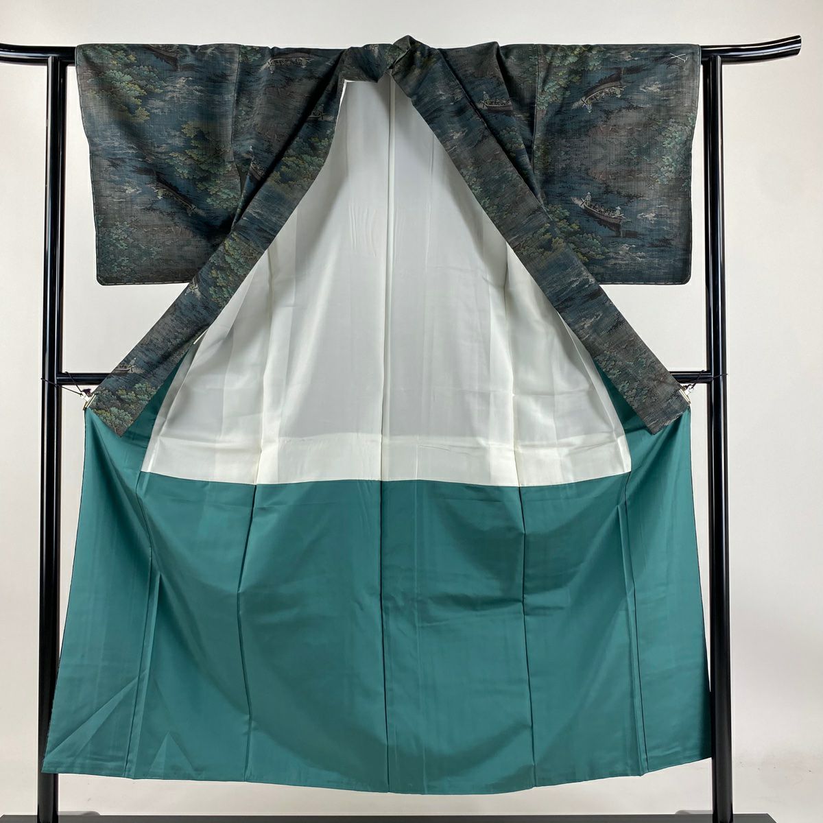 【庫存清倉】 紬織 身長152cm 袖長63cm S 雙層 樹木 舟 深綠 純蠶絲 美品 名品級
