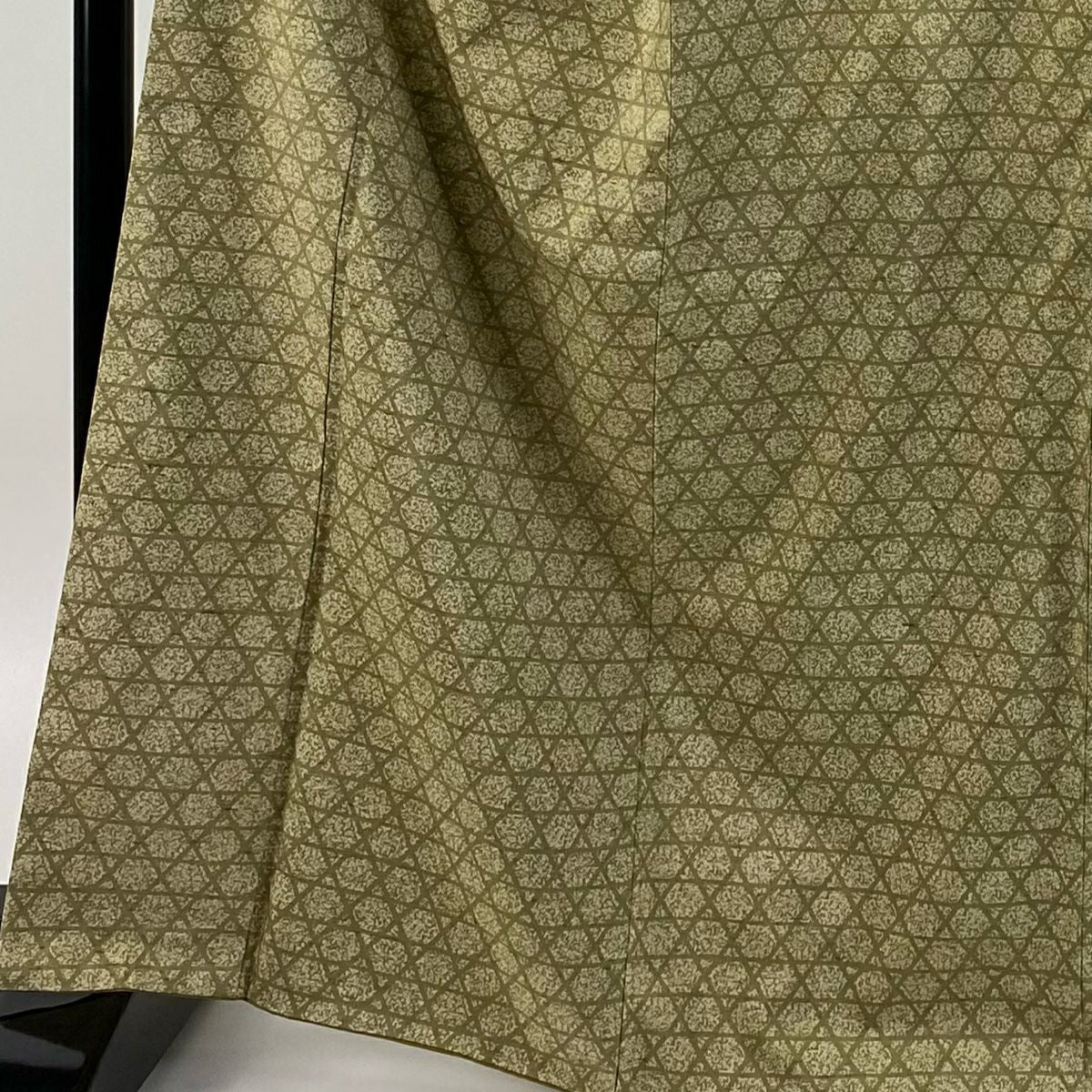 【庫存清倉】 小紋 身長166cm 袖長69cm L 雙層 紬織織 籠目 灰綠 純蠶絲 名品級
