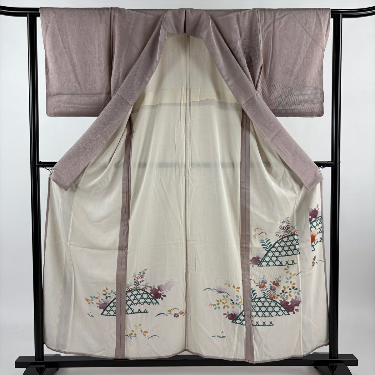 【庫存清倉】 付下 身長156.5cm 袖長61cm S 紗絽雙層 菊花 籬 小豆 純蠶絲 名品級