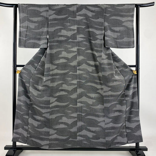 【庫存清倉】 小紋 身長157cm 袖長62.5cm S 雙層 波 黑灰 純蠶絲 美品 名品級