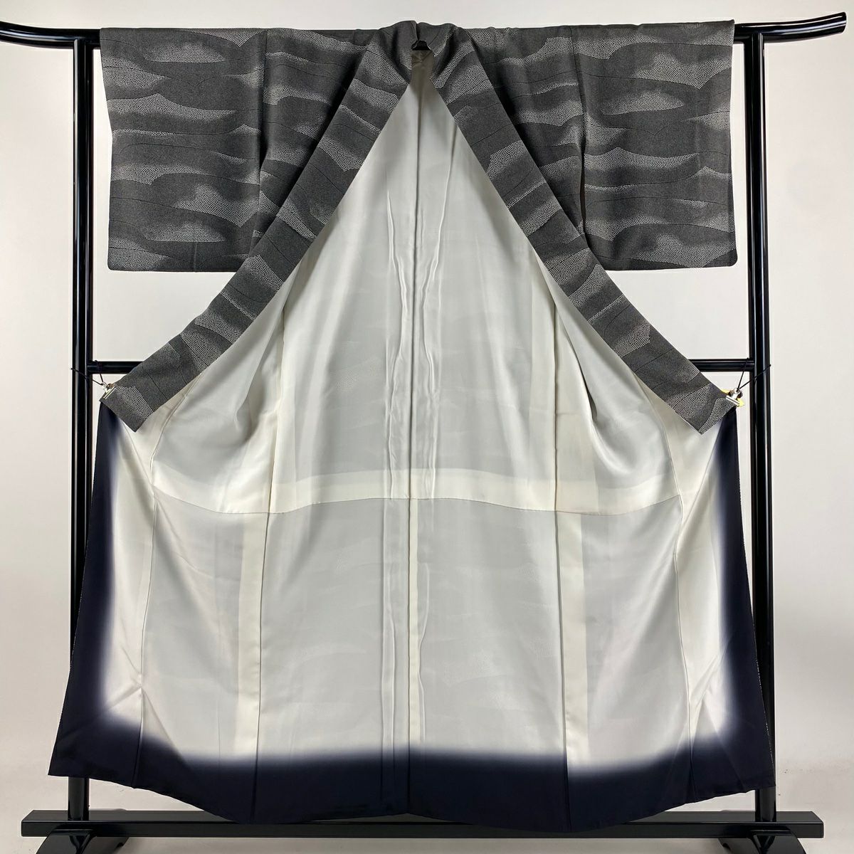 【庫存清倉】 小紋 身長157cm 袖長62.5cm S 雙層 波 黑灰 純蠶絲 美品 名品級