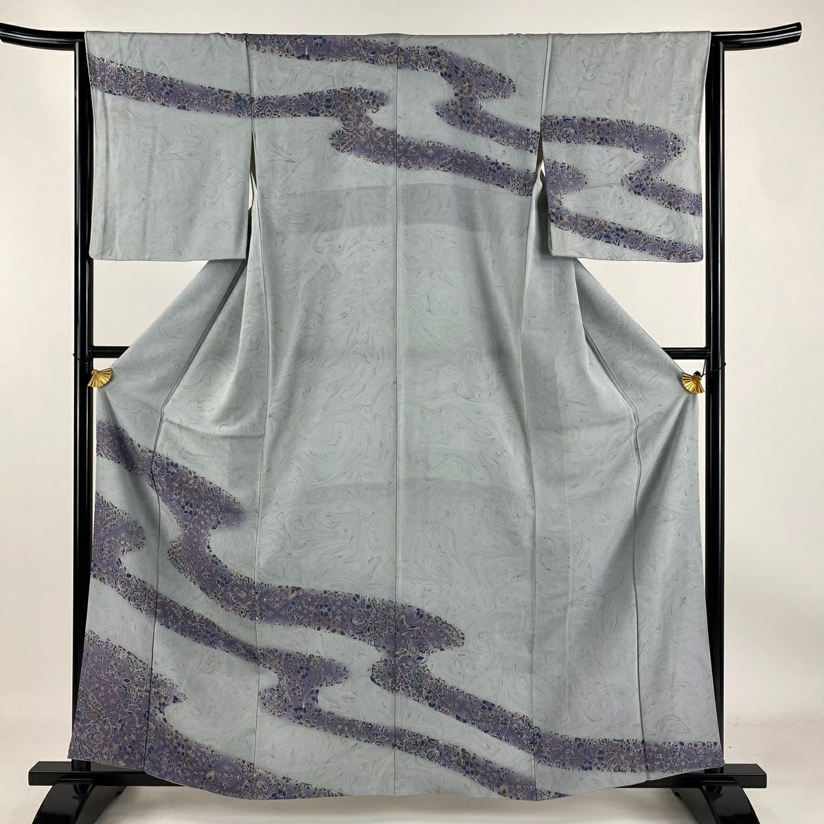 【庫存清倉】訪問服 身長161cm 袖長63.5cm S 雙層 草花紋紋 霞 墨流し 漸層 青灰色 純蠶絲 名品級