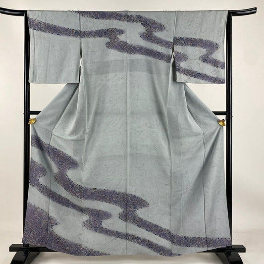 【庫存清倉】訪問服 身長161cm 袖長63.5cm S 雙層 草花紋紋 霞 墨流し 漸層 青灰色 純蠶絲 名品級