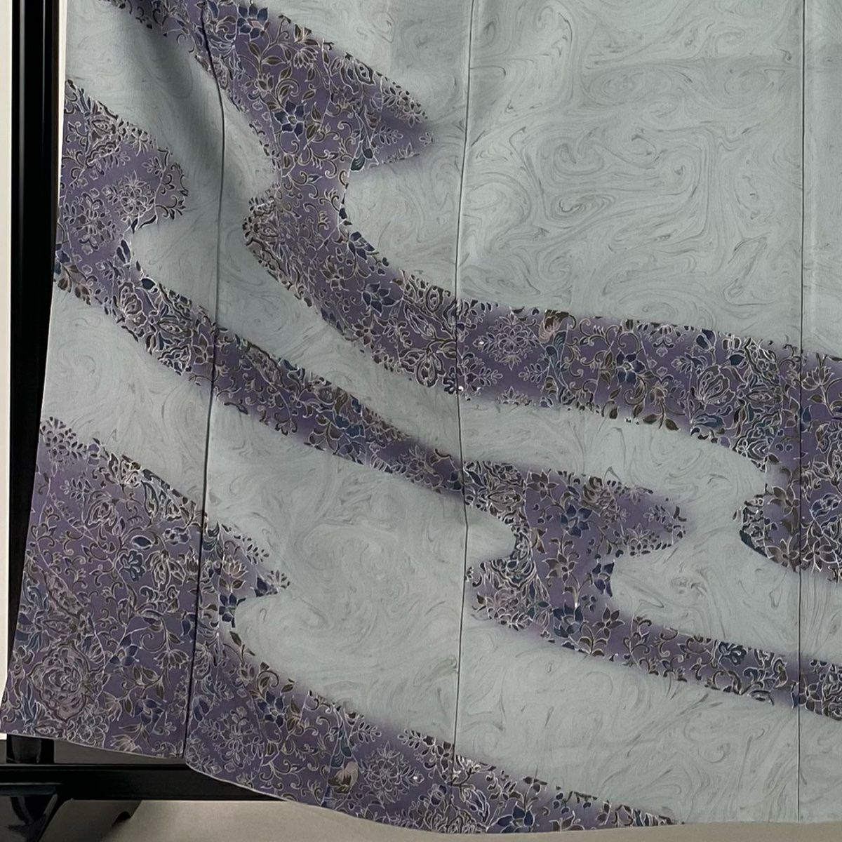【庫存清倉】訪問服 身長161cm 袖長63.5cm S 雙層 草花紋紋 霞 墨流し 漸層 青灰色 純蠶絲 名品級