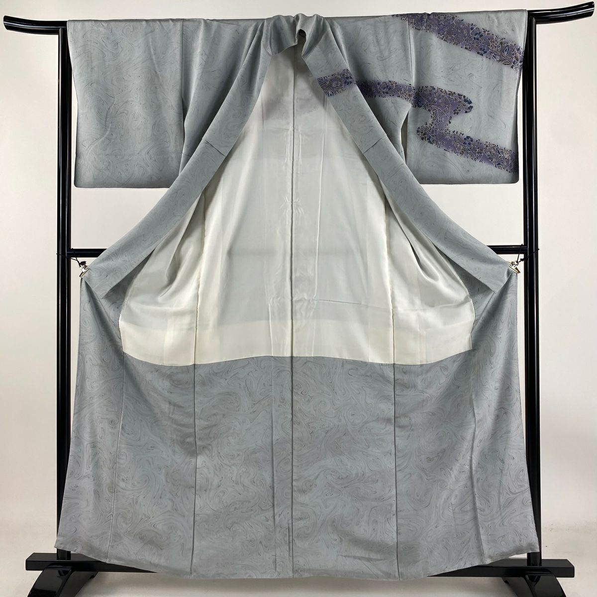 【庫存清倉】訪問服 身長161cm 袖長63.5cm S 雙層 草花紋紋 霞 墨流し 漸層 青灰色 純蠶絲 名品級