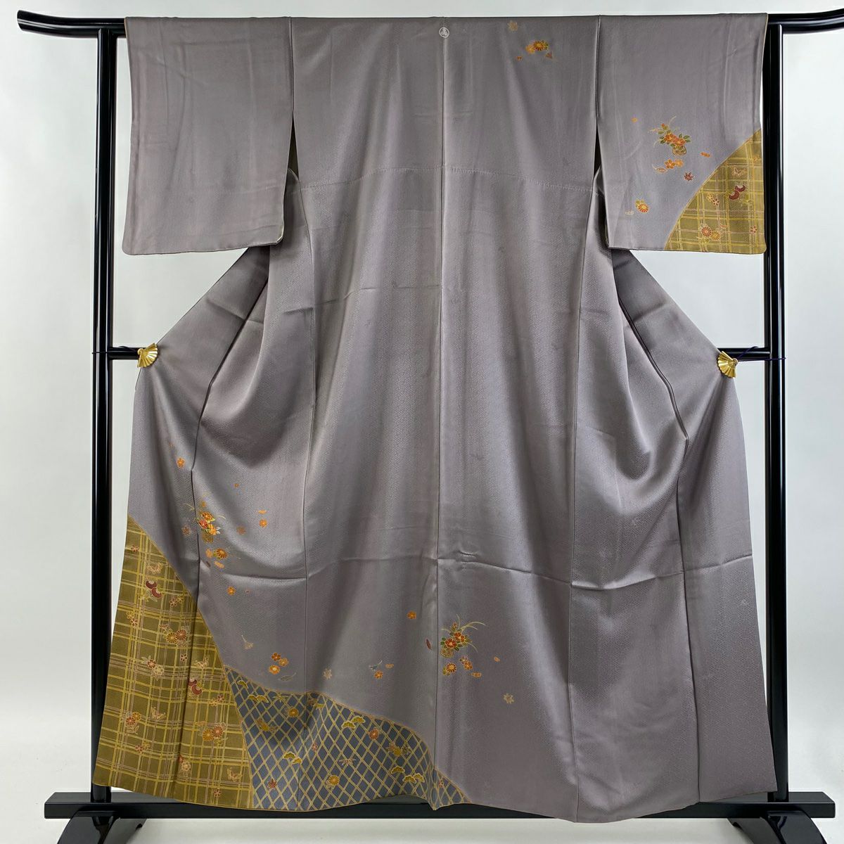 【庫存清倉】訪問服 身長159cm 袖長62.5cm S 雙層 花籠 光悅垣 刺繡 金彩裝飾 灰紫 純蠶絲 優品級 一つ紋
