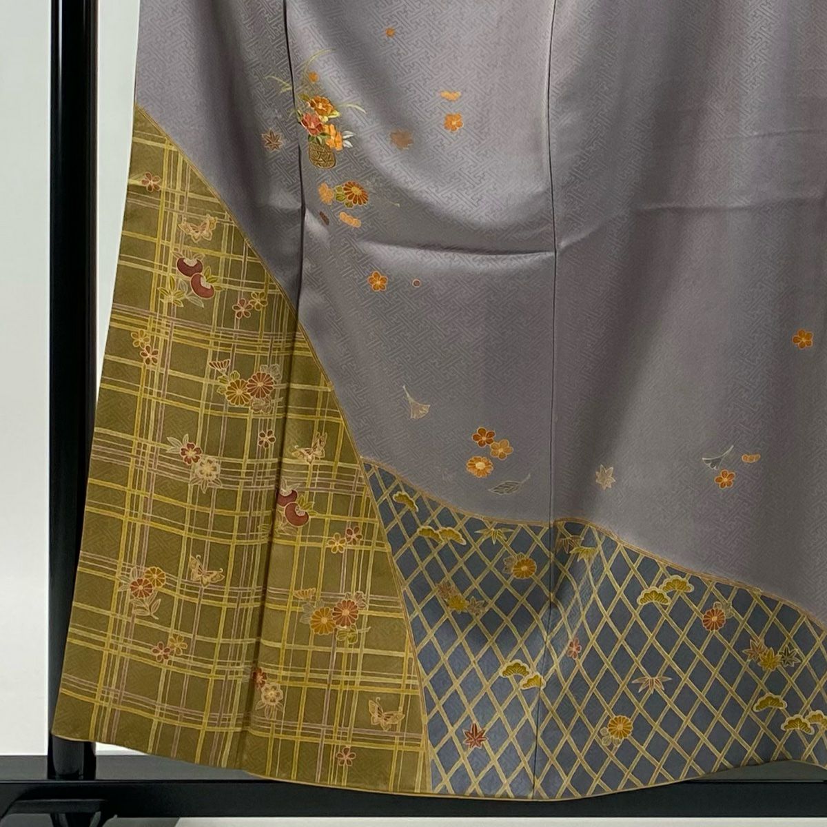 【庫存清倉】訪問服 身長159cm 袖長62.5cm S 雙層 花籠 光悅垣 刺繡 金彩裝飾 灰紫 純蠶絲 優品級 一つ紋