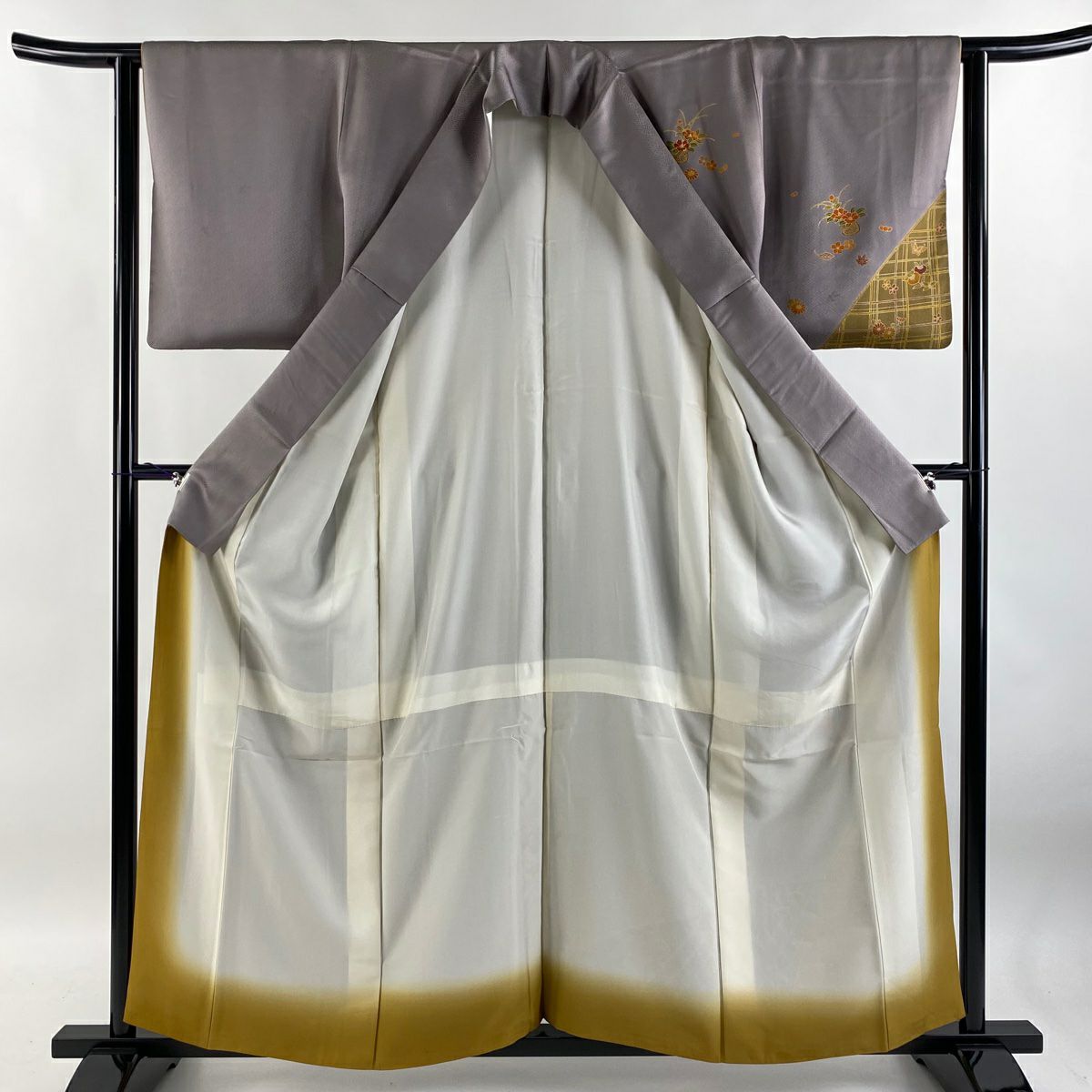 【庫存清倉】訪問服 身長159cm 袖長62.5cm S 雙層 花籠 光悅垣 刺繡 金彩裝飾 灰紫 純蠶絲 優品級 一つ紋