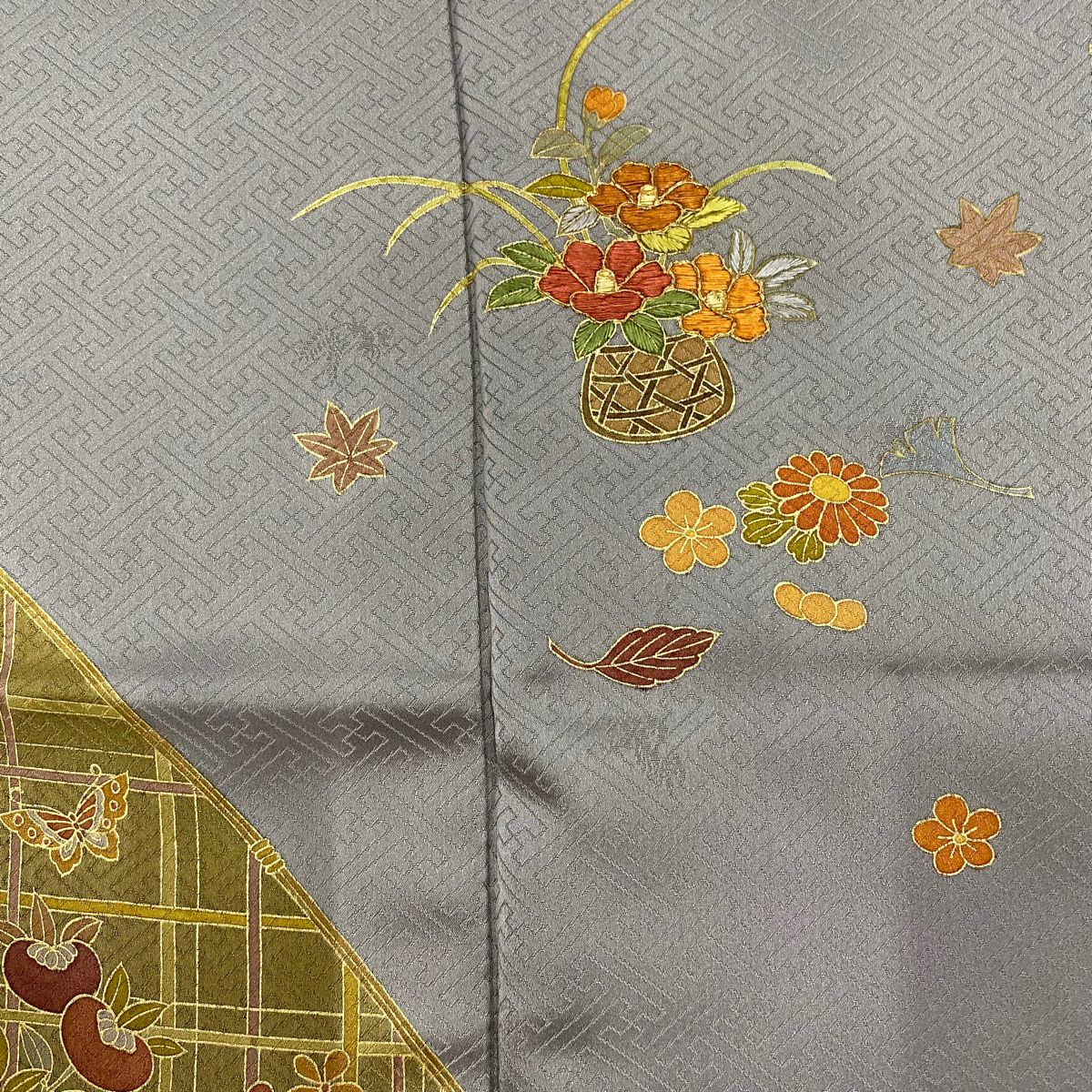 【庫存清倉】訪問服 身長159cm 袖長62.5cm S 雙層 花籠 光悅垣 刺繡 金彩裝飾 灰紫 純蠶絲 優品級 一つ紋