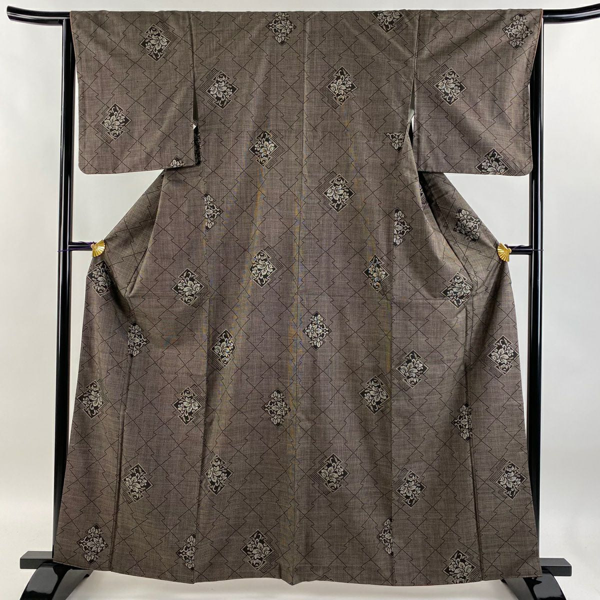 【庫存清倉】 紬織織 身長163.5cm 袖長65cm M 雙層 松樹皮菱 草花紋 焦茶 純蠶絲 美品 秀品級