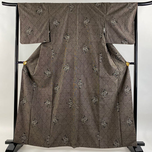 【庫存清倉】 紬織織 身長163.5cm 袖長65cm M 雙層 松樹皮菱 草花紋 焦茶 純蠶絲 美品 秀品級