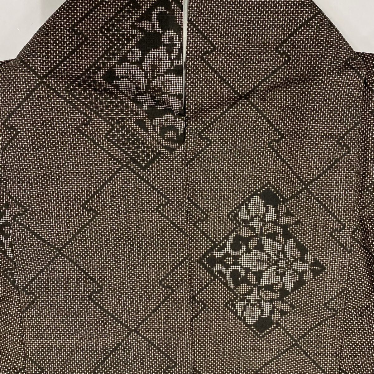 【庫存清倉】 紬織織 身長163.5cm 袖長65cm M 雙層 松樹皮菱 草花紋 焦茶 純蠶絲 美品 秀品級