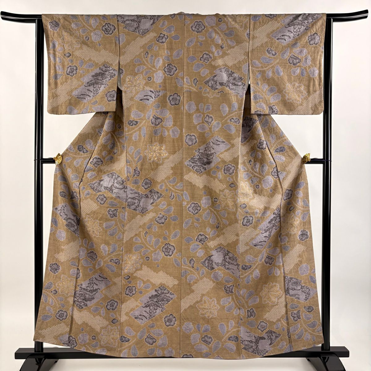 【庫存清倉】 小紋 身長158.5cm 袖長63.5cm S 雙層 紬織織 草花紋紋 絞染 灰茶 純蠶絲 美品 名品級