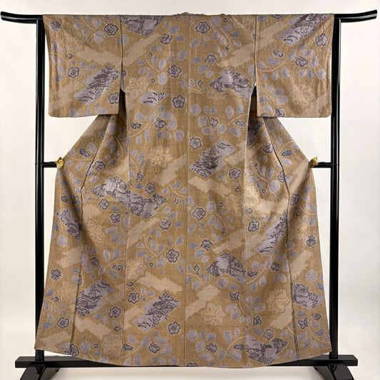 【庫存清倉】 小紋 身長158.5cm 袖長63.5cm S 雙層 紬織織 草花紋紋 絞染 灰茶 純蠶絲 美品 名品級