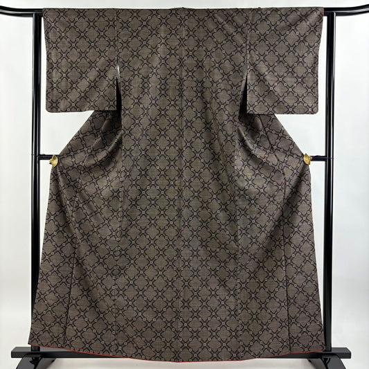 【庫存清倉】 大島紬織 身長161cm 袖長61cm S 雙層 證書齊全 斜格紋 純泥染 焦茶 純蠶絲 名品級