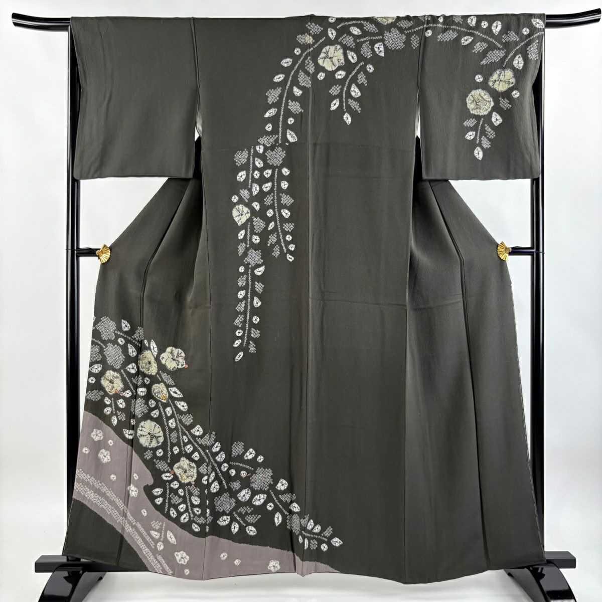 【庫存清倉】訪問服 身長160cm 袖長65cm M 雙層 草花紋紋 霞 絞染 刺繡 灰綠 純蠶絲 名品級 一つ紋