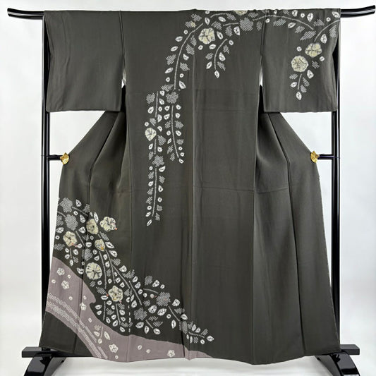 【庫存清倉】訪問服 身長160cm 袖長65cm M 雙層 草花紋紋 霞 絞染 刺繡 灰綠 純蠶絲 名品級 一つ紋