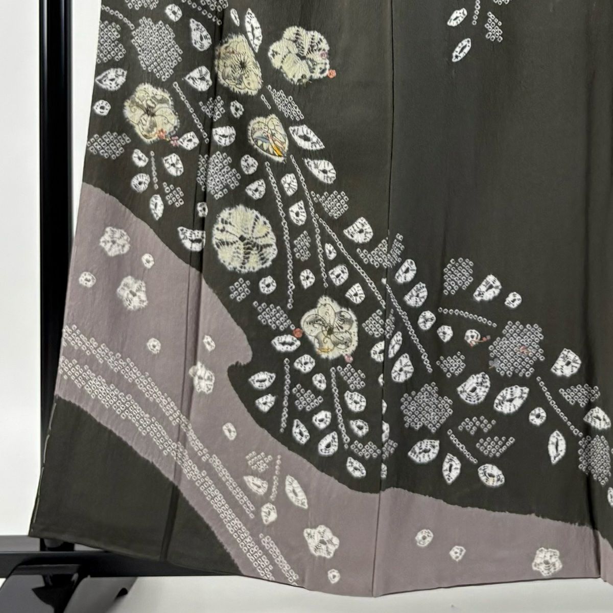 【庫存清倉】訪問服 身長160cm 袖長65cm M 雙層 草花紋紋 霞 絞染 刺繡 灰綠 純蠶絲 名品級 一つ紋