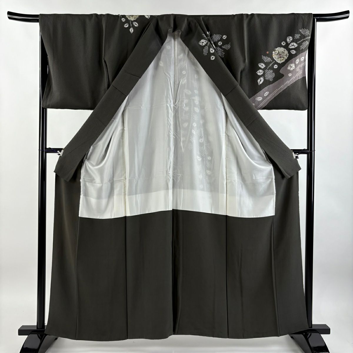【庫存清倉】訪問服 身長160cm 袖長65cm M 雙層 草花紋紋 霞 絞染 刺繡 灰綠 純蠶絲 名品級 一つ紋