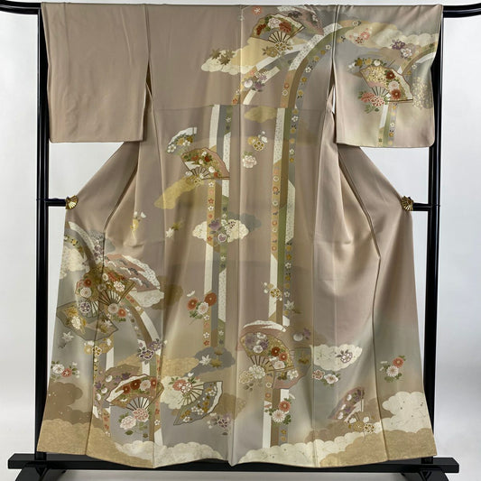 【庫存清倉】訪問服 身長156.5cm 袖長66.5cm M 雙層 扇子花筏 金絲 金銀彩 粉米色 純蠶絲 名品級 一個紋