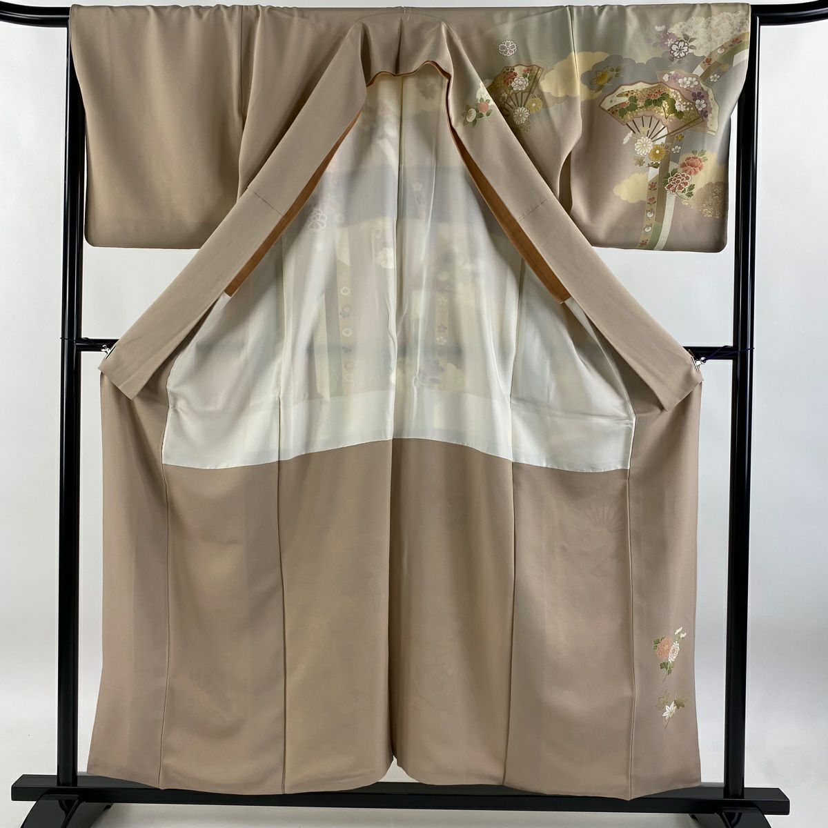 【庫存清倉】訪問服 身長156.5cm 袖長66.5cm M 雙層 扇子花筏 金絲 金銀彩 粉米色 純蠶絲 名品級 一個紋
