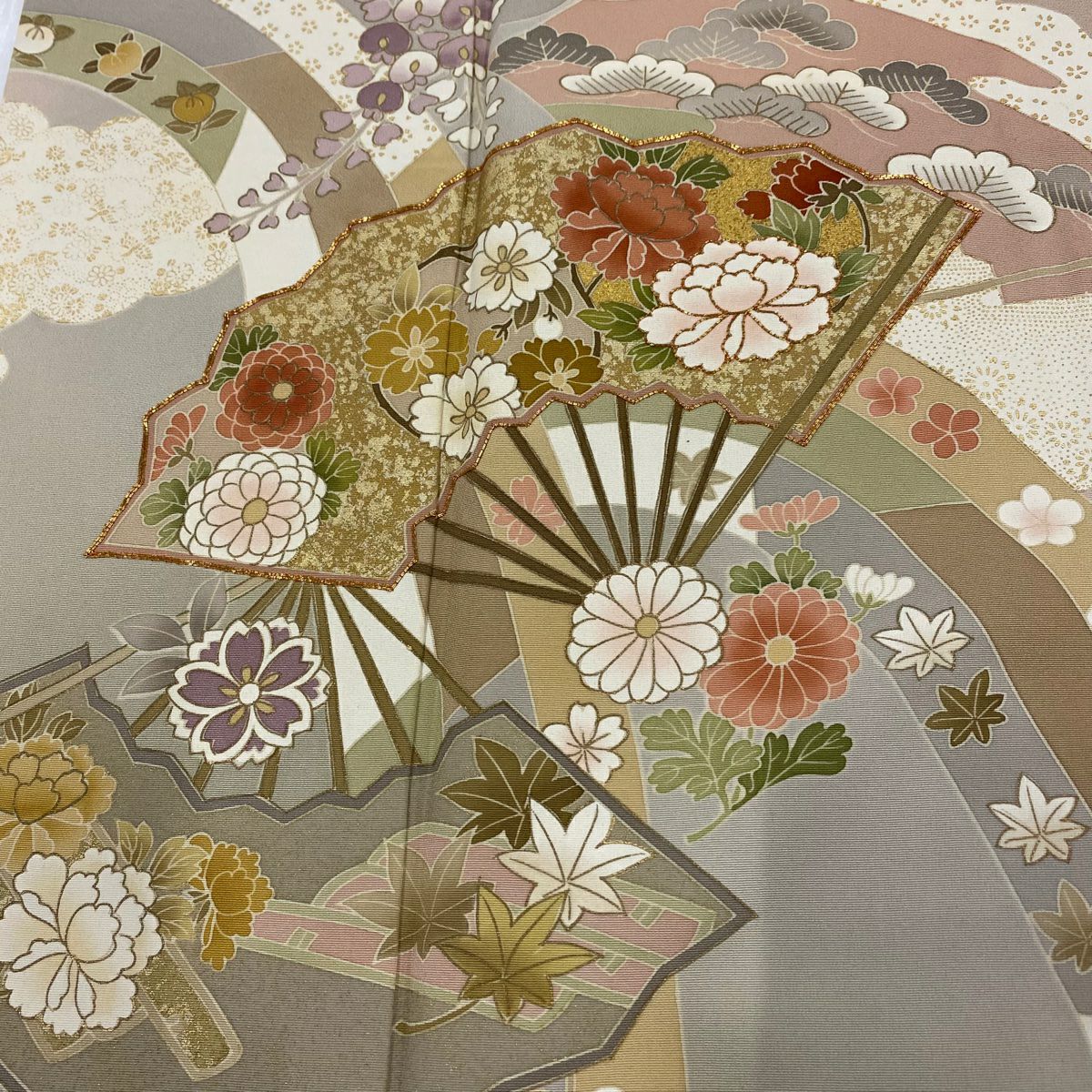 【庫存清倉】訪問服 身長156.5cm 袖長66.5cm M 雙層 扇子花筏 金絲 金銀彩 粉米色 純蠶絲 名品級 一個紋